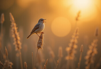 Beautiful Bird on Wheat Stalk with Soft Golden Light