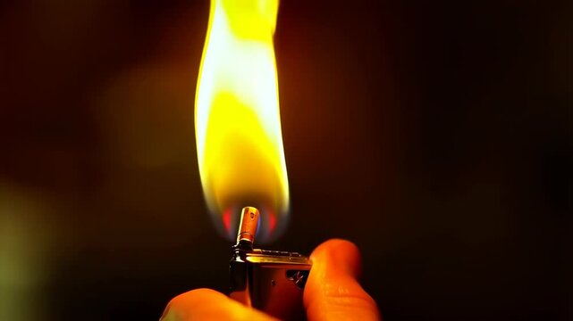 Hand holding metallic lighter, flame igniting against dark background in close-up, showing heat, light, and detail.