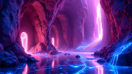 Enigmatic Cavern: A futuristic cavern bathed in radiant neon illumination, a fusion of natural formations and neon energy, reflecting an otherworldly atmosphere of vibrant colors and surrealism.