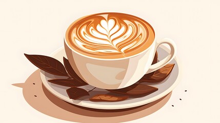 Illustrated Latte Art with Heart Design in White Cup and Autumn Leaves
