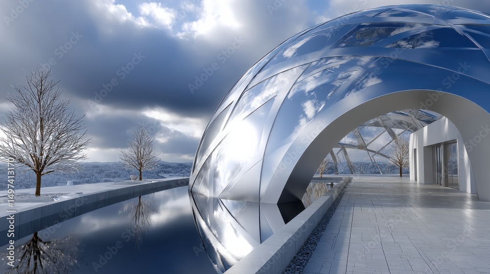 Aufkleber a large, curved building with a glass roof and a water feature in front of it