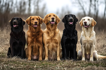 curly coated retriever, golden retriever, labrador, nova scotia duck tolling retriever and flat coated retriever dogs sitting together outdoors