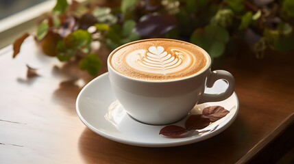 Latte Art in Cozy Cafe Setting with Autumn Leaves