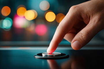 Close-up of a hand pressing a modern elevator button, illuminated by colorful bokeh lights in the background, showcasing technology and urban lifestyle in action