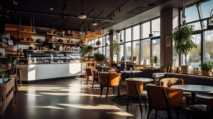 Fototapeta premium Cozy Modern Cafe Interior with Natural Light and Wooden Furniture