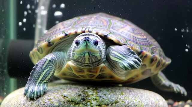 Aquatic turtle resting on a stone in a tank with bubbles.