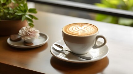Latte Art Coffee with Heart Design on Wooden Table