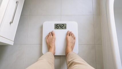 Person is standing on a white weighing scale in a bathroom, checking their weight as part of a weight loss or fitness journey, focusing on healthy habits and self-care
