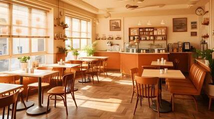 Cozy Sunlit Caf&eacute; Interior with Wooden Furniture and Green Plants