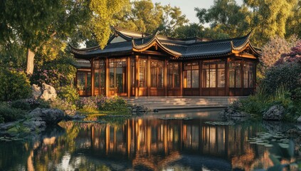 Naklejka premium Serene Sunset at the Chinese Pavilion
