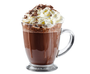 Rich and creamy hot chocolate served in a glass mug, cut out transparent