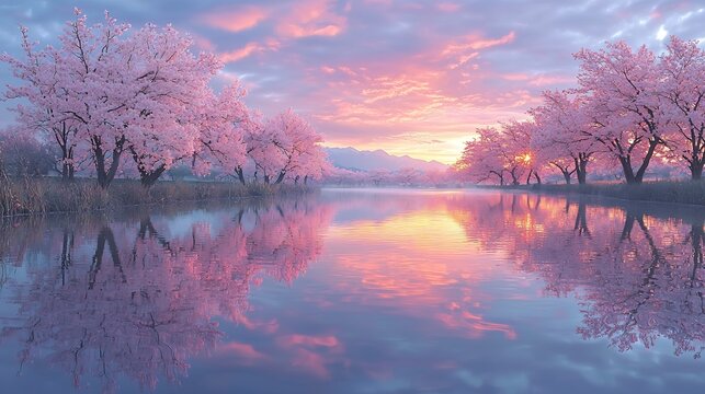 Tranquil cherry blossom landscape sunrise wide angle view reflections of the pastel blossoms in mirror like water f11 for deep focus enhanced sky contrast using a polarizing filter no humans no text
