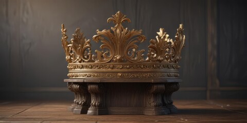 Golden crown, ornate detail, rests on aged wooden pedestal ,  object,  power