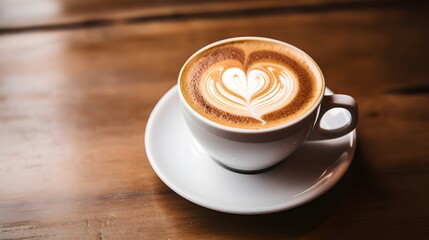 Latte with Heart-Shaped Foam Art on Wooden Cafe Table