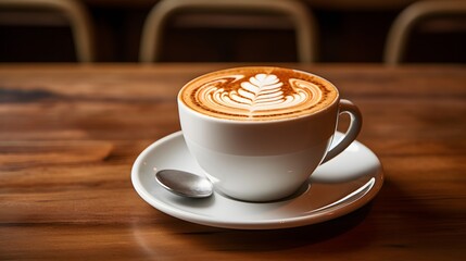 Fototapeta premium Close-Up of Latte Art in White Cup on Wooden Table in Cafe