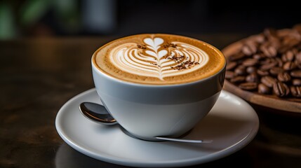 Latte Art with Coffee Beans on Dark Table
