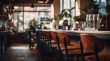 Modern Cafe Bar Counter with Wooden Stools and Green Plants