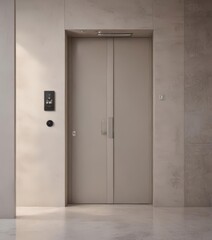 Contemporary lobby featuring a minimalist door and integrated service bell , shiny, horizontal