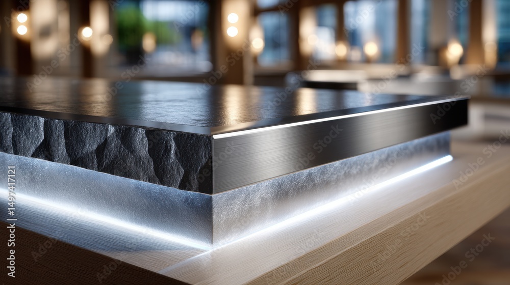 Poster a black and silver table with a light shining on it