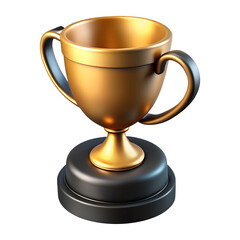 Golden trophy cup 3D illustration with black base and handles isolated on white background