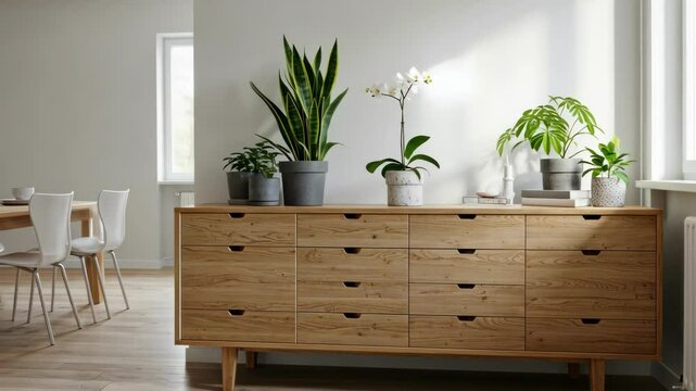 Modern interior with sideboard and houseplants, minimalist design