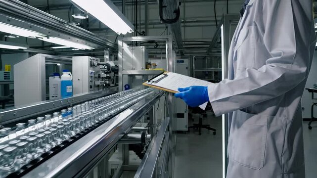 Person in a white lab coat and blue gloves inspects glass vials on a modern automated production line. The environment is clean and high-tech, reflecting advanced pharmaceutical manufacturing processe