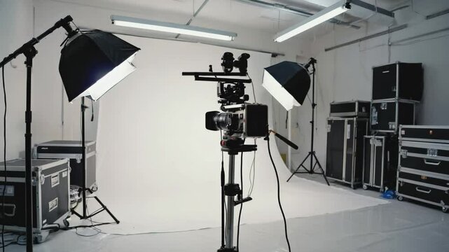 Professional photography studio setup with camera on tripod, lights, and white backdrop. Ideal for creative production, photo shoots, videography, and commercial advertising.