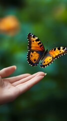 Fototapeta premium A graceful butterfly with vibrant wings delicately lands on a person's hand, symbolizing the beauty of nature and the connection between humans and wildlife in harmony.