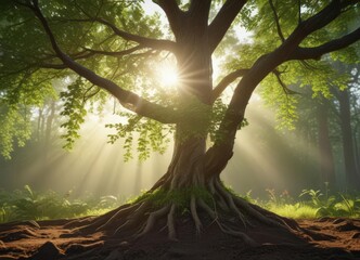 Large tree seedling cradled, lush green setting, sun rays ,  stock,  flora,  summer