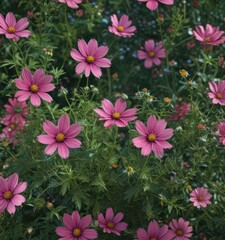 Intricate cosmos flower heads, lush green foliage backdrop ,  blossom,  macro