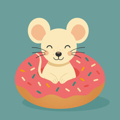 Eine fröhliche, stilisierte Maus sitzt entspannt in einem rosafarbenen Donut mit bunten Streuseln. Die humorvolle Szene in sanften Farben vereint Tiercharakter mit süßer Naschfreude. 