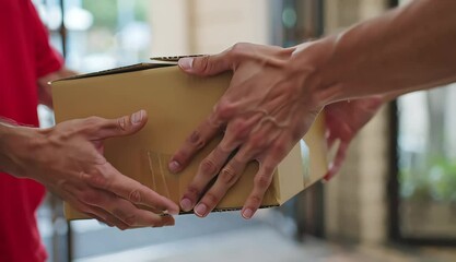 Safe and Secure Package Delivery Hands Carefully Exchanging a Cardboard Box