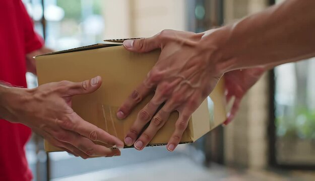 Safe and Secure Package Delivery Hands Carefully Exchanging a Cardboard Box