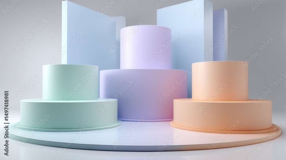Aufkleber three cakes of different colors are arranged on a stage