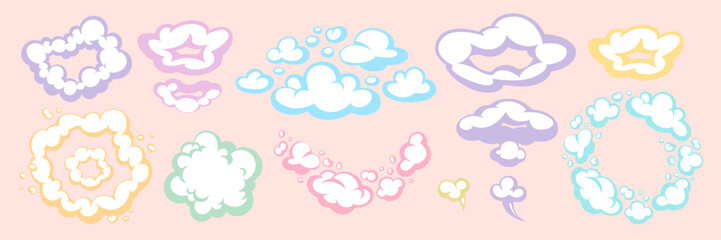 Cartoon smoke cloud set with comic-style explosion and pastel puffs on soft pink background. Cartoon and cloud elements in comic design. Ideal for sticker packs, kids games, posters