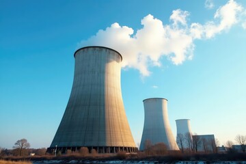 Large industrial cooling tower emitting steam against a blue sky , cooling system, machinery, design