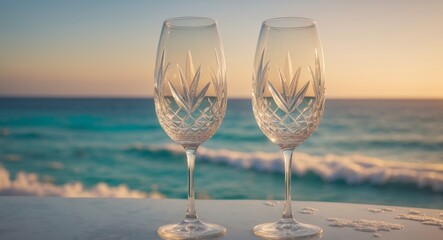Two elegant crystal champagne flutes set against a serene beach sunset backdrop.