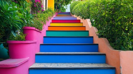 Colorful stairs lead upwards, framed by lush greenery and vibrant floral accents, creating a picturesque and inviting atmosphere perfect for serene walks or photographs.