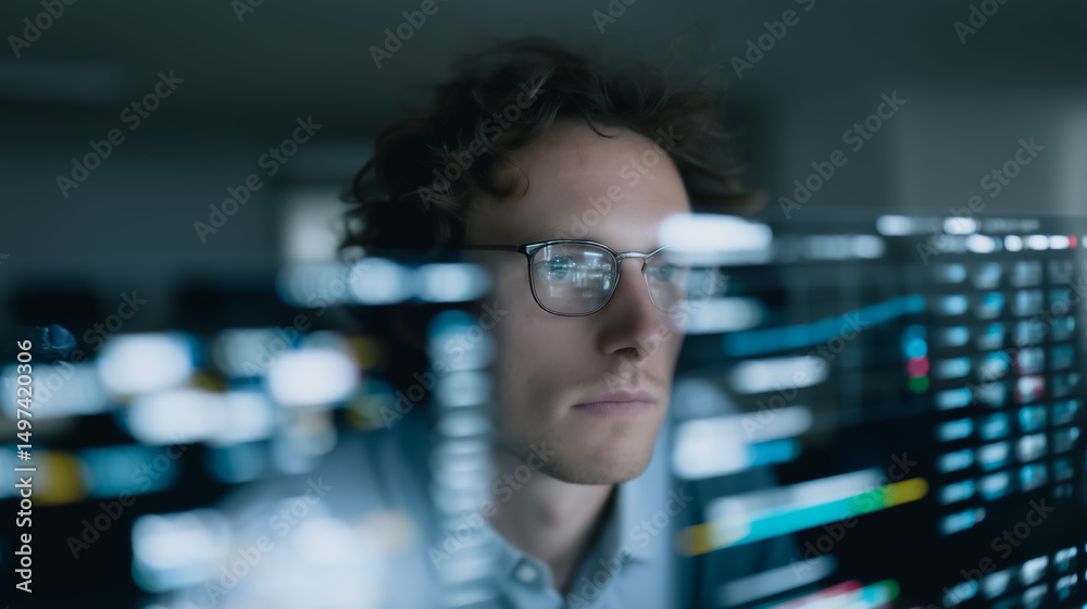 Poster tech visionary: a focused professional navigating code and data in a cutting-edge tech environment, 
