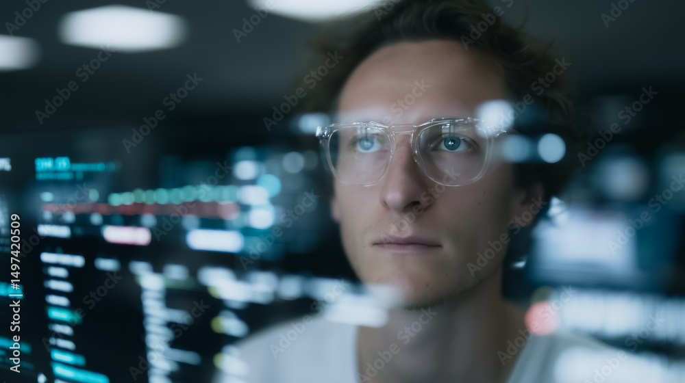 Poster analyst with data display: an analyst in glasses intently studies digital data on a transparent disp