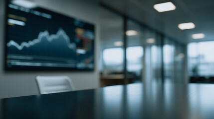 Fototapeta premium Financial data analysis in Meeting Room: An interior shot of a modern conference room features a large screen displaying dynamic financial data, with a long, sleek table and contemporary chairs. 