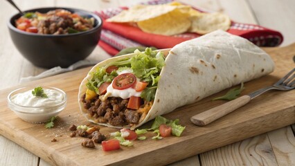 Delicious Mexican Burrito with Beef Lettuce Cheese and Tortilla
