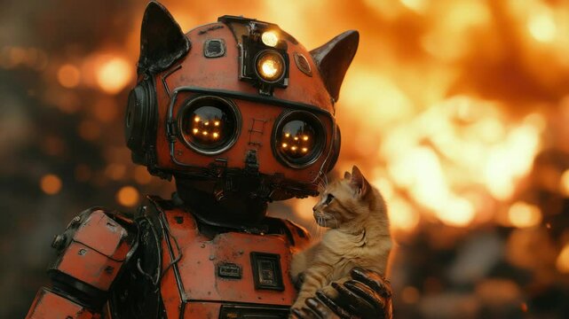 Futuristic robot saving a small kitten from a fire, symbolizing artificial intelligence in emergency rescue. Advanced robotics ensuring safety and protection in disaster scenarios