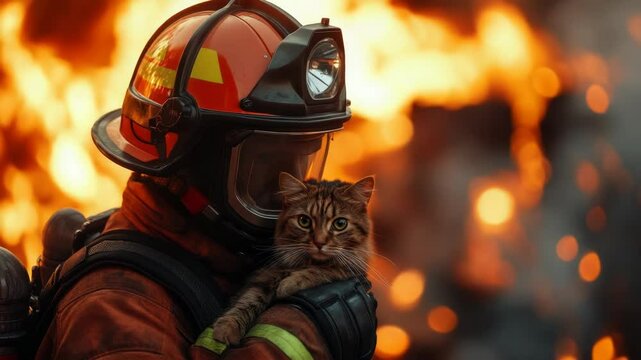 Futuristic robot saving a small kitten from a fire, symbolizing artificial intelligence in emergency rescue. Advanced robotics ensuring safety and protection in disaster scenarios