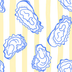 La dolce vita themed seamless pattern with Oysters. Seashells print with hand drawn blue contour on yellow and white striped background. Hand-drawn vector inspired by Summer Italian aesthetic.