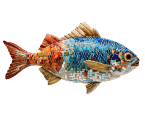 Colorful mosaic fish sculpture for decorative purposes, cut out transparent