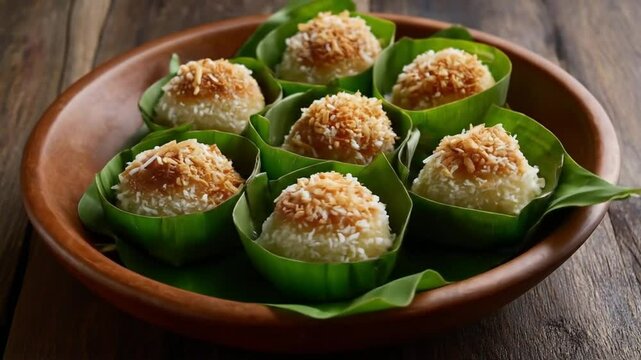 Sweet rice balls wrapped in banana leaves. 