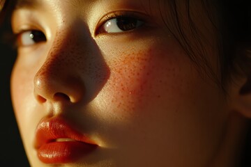 Naklejka premium Close-up of young asian female with freckles in warm light