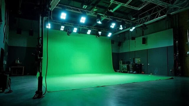 Green Screen Studio: A spacious and well-equipped film studio features a vibrant green screen setup, ready for content creation. The image showcases the technical environment.