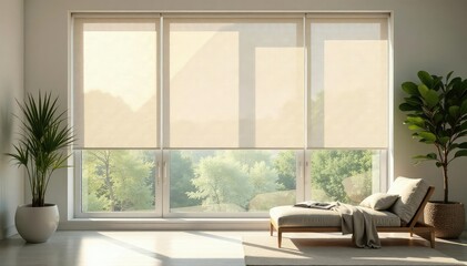 Modern cellular shades elegantly filtering sunlight in a bright window , room, window fashion